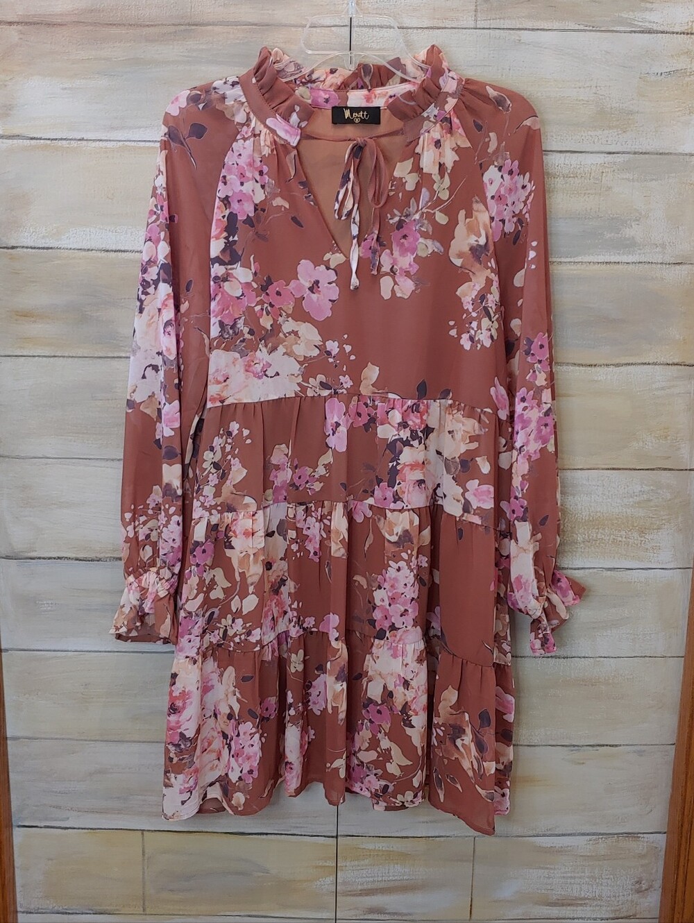 Meritt women floral mauve pink ruffle longsleeve boho coquette tiered dress sz S